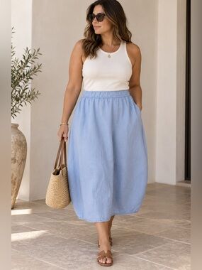 Velvet by Graham & Spencer Blue 100% Linen Balloon Midi Skirt XL Made in USA